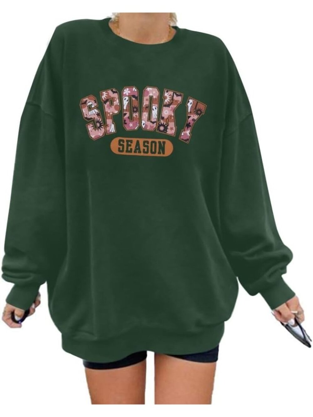🆕 Women's Green Spooky Season Retro Graphic Oversized Crewneck Pullover